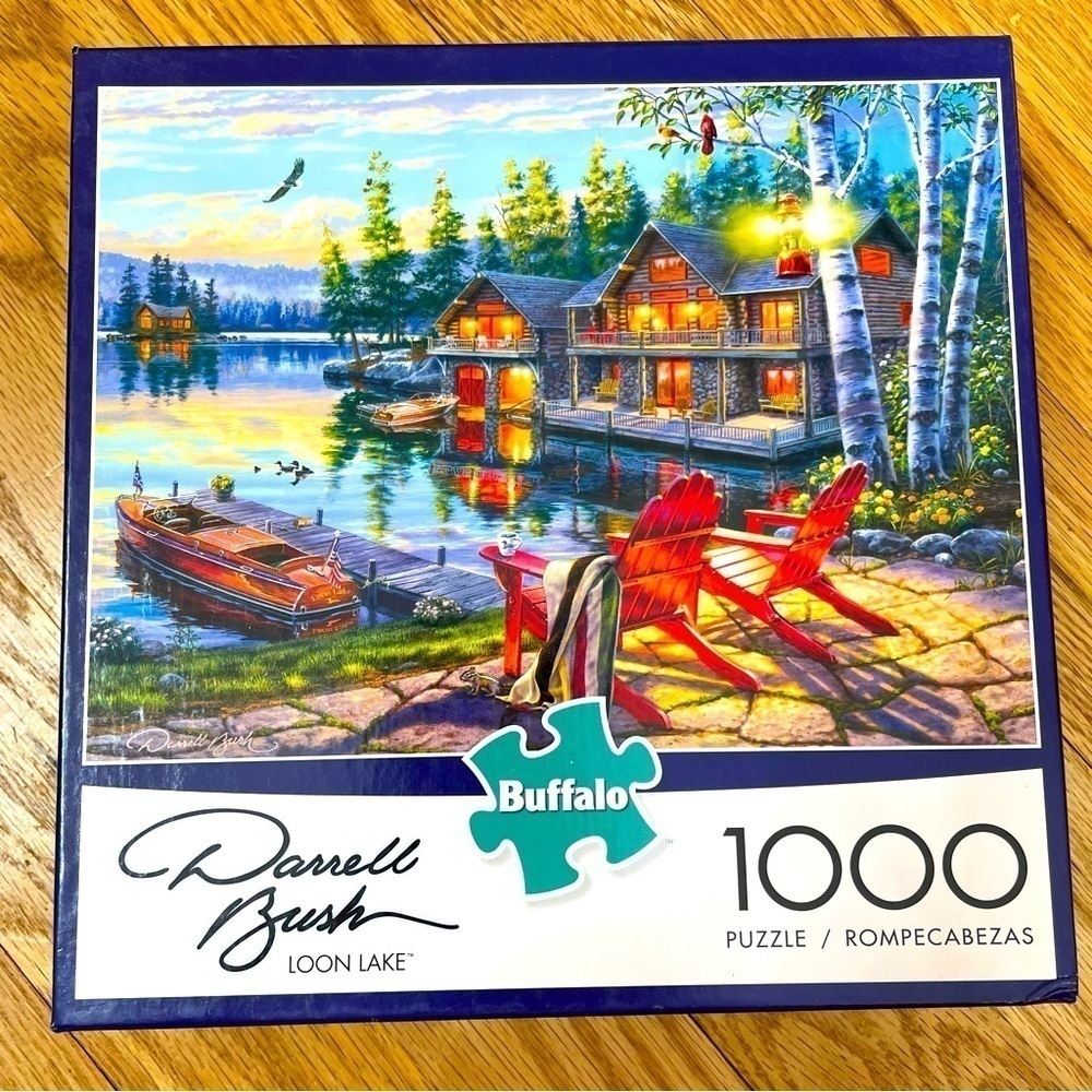 Buffalo 1000 piece jigsaw puzzle Loon Lake cabin boat docks loons ducks